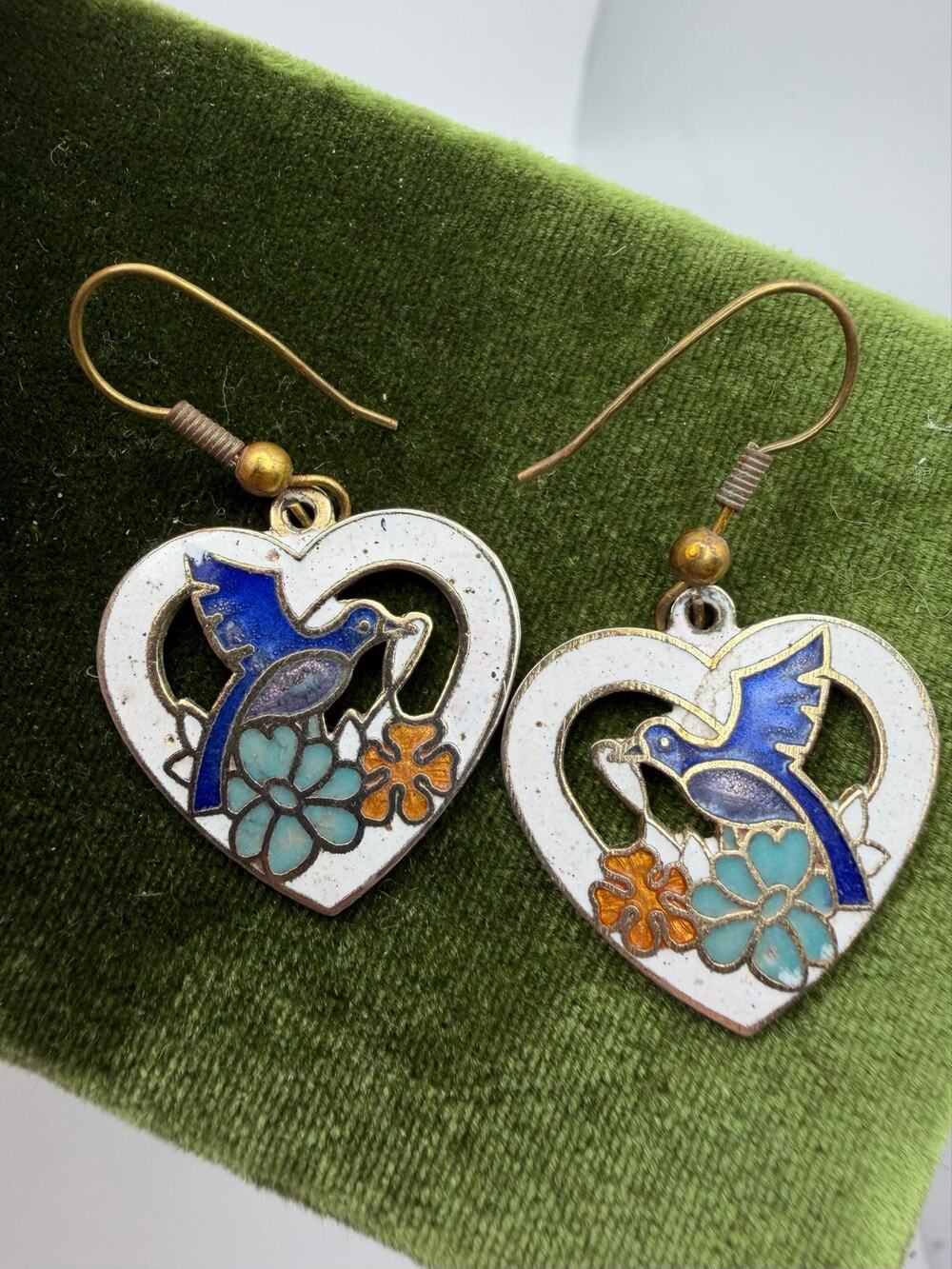 Heart Shaped Painted Enamel Floral motif Earrings Gold tone